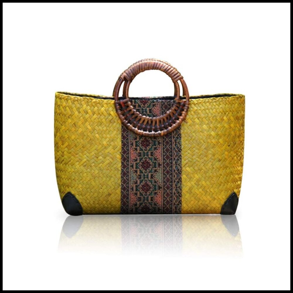 Retro Straw Tote Bag Handwoven Boho Beach Bag Round Wooden Handle Satchel